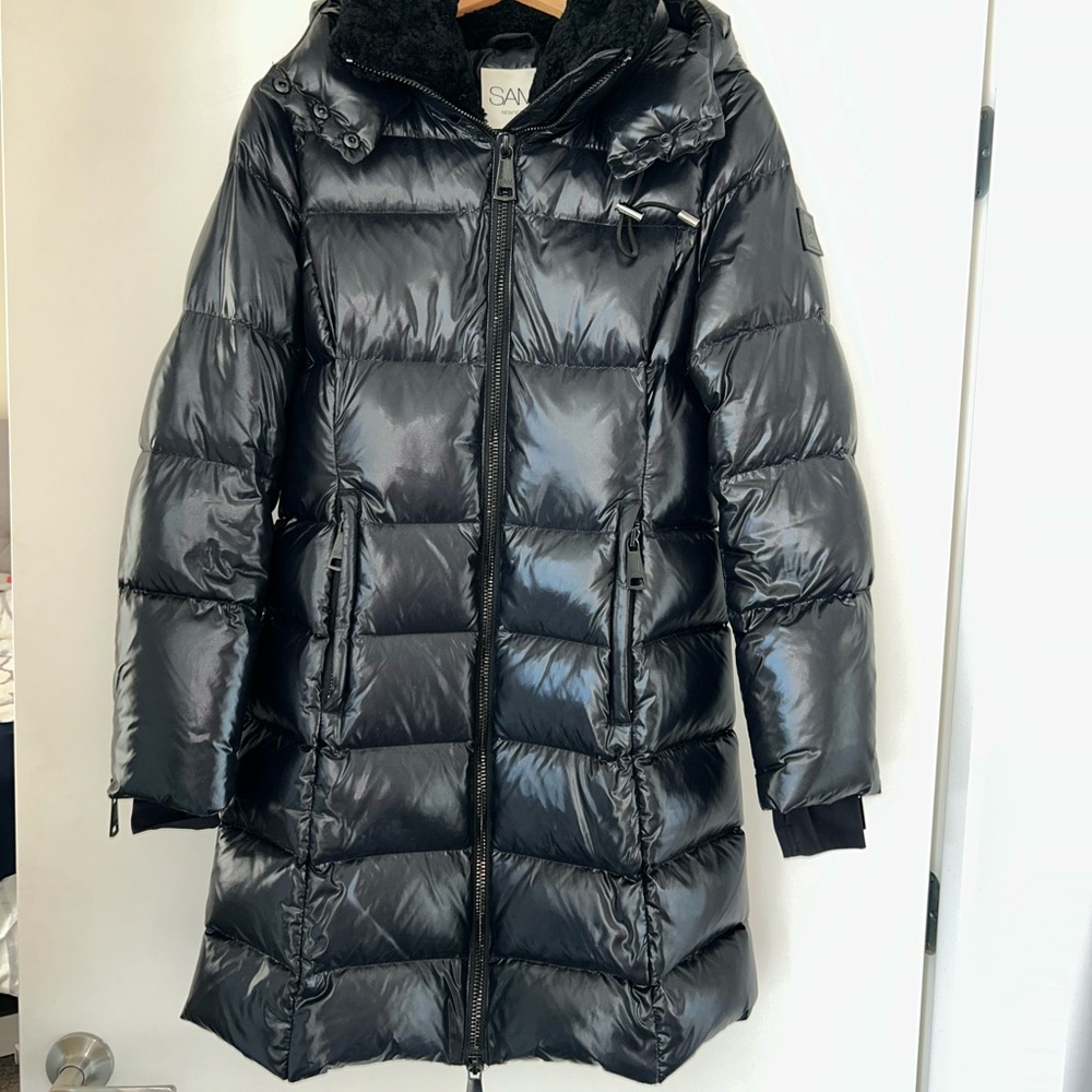 SAM NYC SAVANNAH BLACK PUFFER COAT W HOOD SHEARLING COLLAR DOWN FILLED S